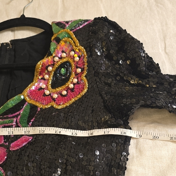 Judith Ann Silk Chic Black Sequin Dress with Floral Embellishments - Picture 9 of 16